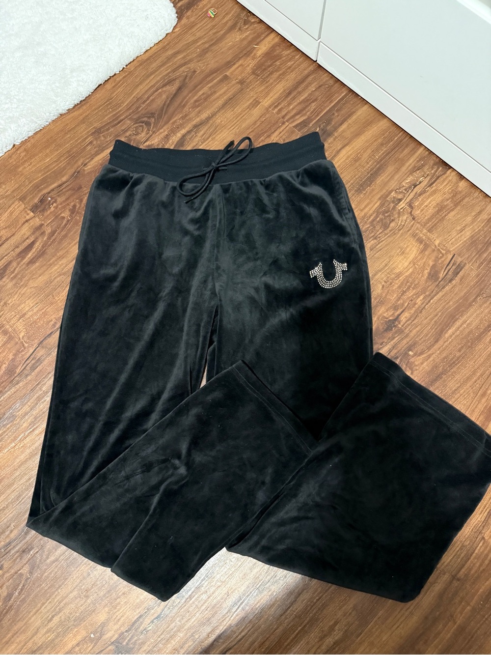 True Religion Black Velour Jogger Pants with Rhinestone Logo